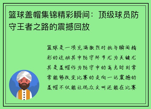 篮球盖帽集锦精彩瞬间：顶级球员防守王者之路的震撼回放